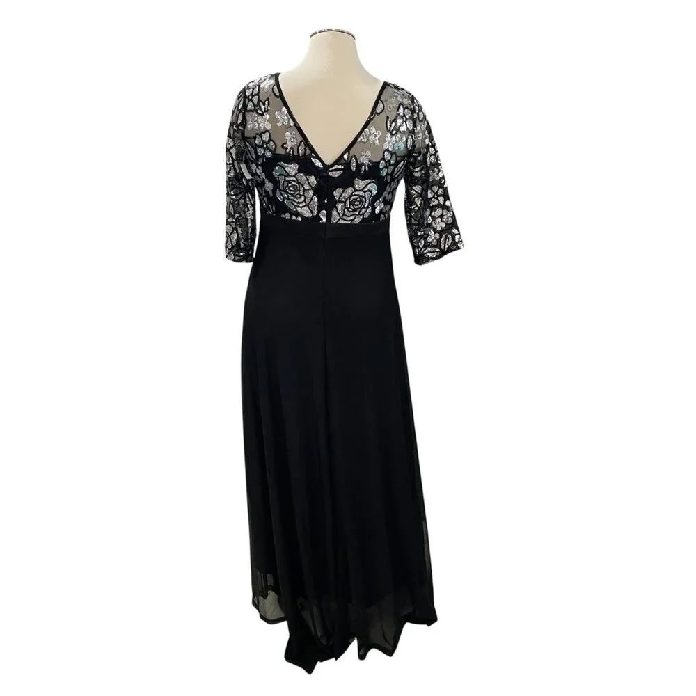 Rosegal 2XL Plus Size Black Silver Sequin Floral Mesh Maxi Evening Formal Dress - Picture 7 of 8
